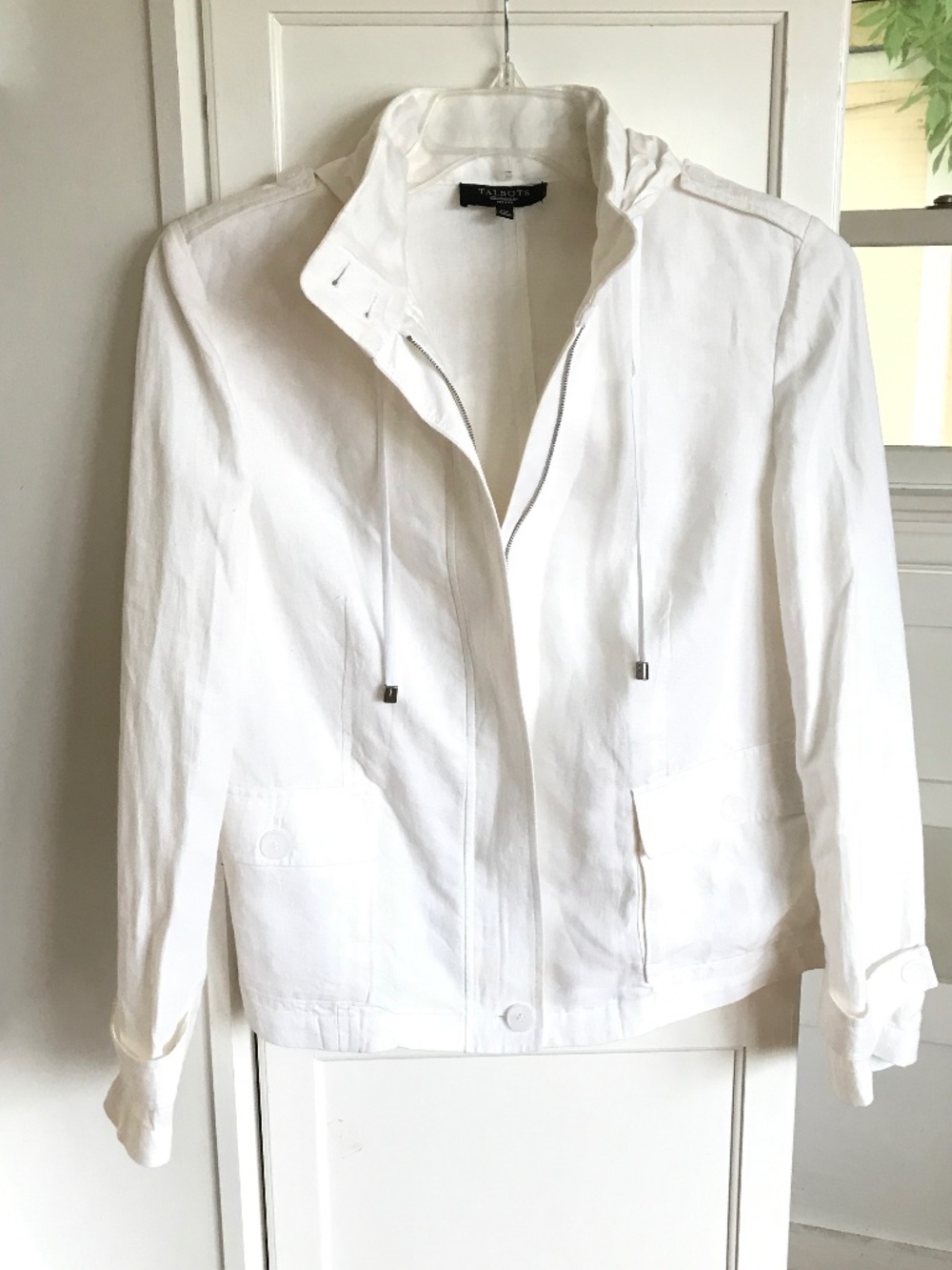 TALBOTS Linen Jacket White Utility Long Sleeve with Hood Plus Size 14 Petite